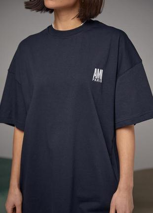 Бавовняна футболка з вишитим написом ami paris — синій колір, s (є розміри)4 фото