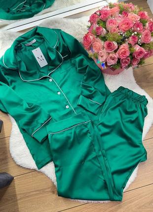 Зелена жіноча шовкова піжама сорочка штани жіноча стильна сатинова піжама вільного крою шовк армані2 фото