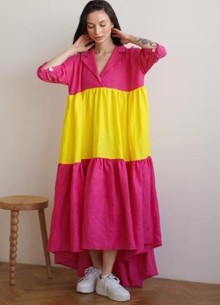 Малинова сукня максі з воланами ексклюзивного фасону з натурального льону1 фото