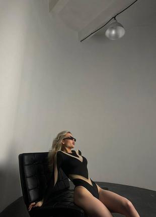 Чорне прозоре жіноче трендове боді з довгим рукавом жіноче облягаюче боді з сіткою10 фото