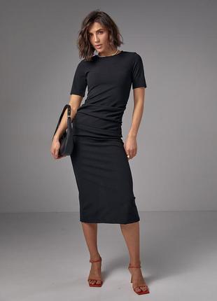 Силуэтное платье миди с драпировкой - черный цвет, s (есть размеры)6 фото