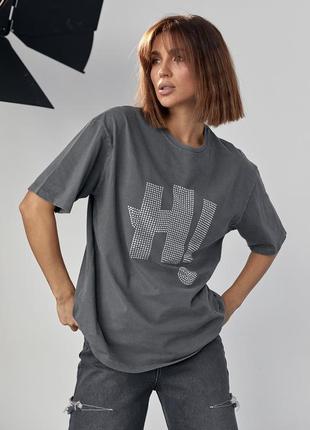 Трикотажная футболка с надписью hi из термостраз - серый цвет, m (есть размеры)8 фото