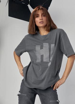 Трикотажная футболка с надписью hi из термостраз - серый цвет, m (есть размеры)6 фото