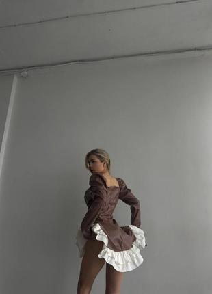 Коричнева карамель трендова жіноча шкіряна сукня міні жіноча коротка сукня з штучної шкіри6 фото