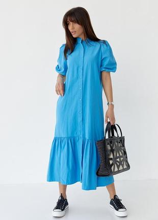 Длинное платье на пуговицах с оборкой по низу - синий цвет, s (есть размеры)5 фото