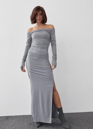 Длинное вечернее платье с драпировкой - серый цвет, l (есть размеры)5 фото