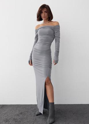 Длинное вечернее платье с драпировкой - серый цвет, l (есть размеры)8 фото