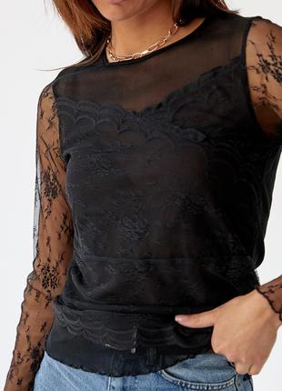 Элегантная блуза из тонкого кружева hello kiss! - черный цвет, l/xl (есть размеры)5 фото