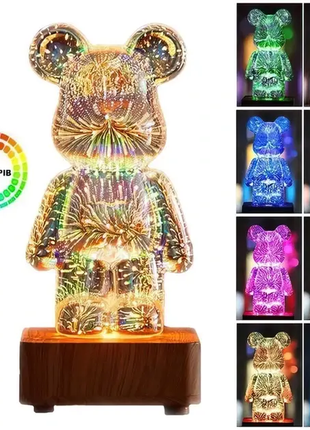 3d нічник скляний з ефектом феєрверку у вигляді ведмедика rgb bearbrick led світильник-лампа на 8 ко1 фото