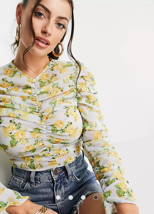 Трендовый сетчатый топ с драпировкой,с длинными рукавами, принтованный цветами р 42