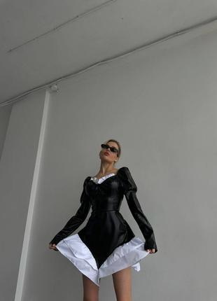 Сукня коротка шкіряна на довгий рукав приталена якісна стильна трендова чорна карамель7 фото