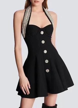 Платье чёрное бандажное с вырезом халтер6 фото