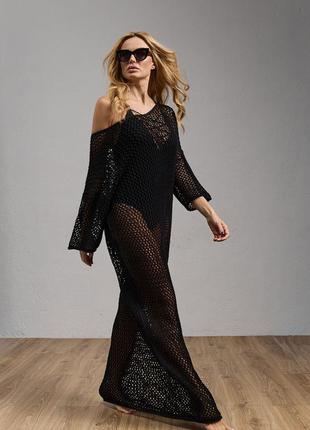 Женское длинное платье-сетка черного цвета6 фото