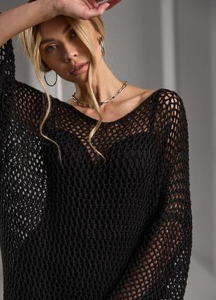 Женское длинное платье-сетка черного цвета9 фото