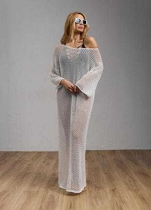Женское длинное платье-сетка молочного цвета3 фото