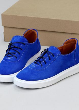 Яркие лазурно синие деми туфли на шнуровке натуральная замша на белой подошве4 фото