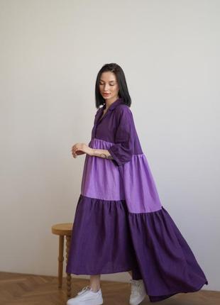 Фіолетова сукня максі з воланами ексклюзивного фасону з натурального льону2 фото
