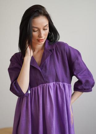 Фиолетовое платье макси с воланами эксклюзивного фасона из натурального льна4 фото