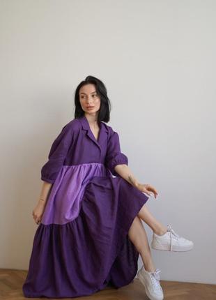 Фіолетова сукня максі з воланами ексклюзивного фасону з натурального льону5 фото