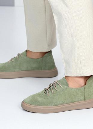 Оливковые замшевые деми туфли на шнуровке натуральная замша низкий ход8 фото
