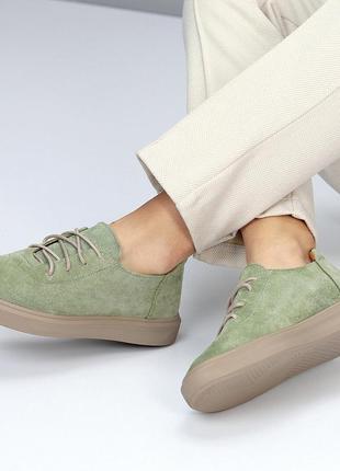 Оливковые замшевые деми туфли на шнуровке натуральная замша низкий ход7 фото