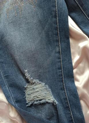 Стрейчевые эластичные джинсы со стразами рваные американка голубые синие6 фото