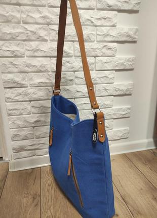 Синяя сумка шоппер с коричневач кожаная ручка на плечо женская тоут канвас шопер4 фото