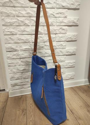 Синяя сумка шоппер с коричневач кожаная ручка на плечо женская тоут канвас шопер5 фото