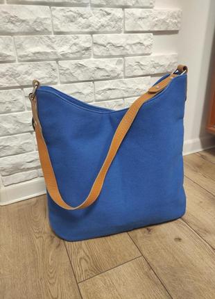 Синяя сумка шоппер с коричневач кожаная ручка на плечо женская тоут канвас шопер6 фото