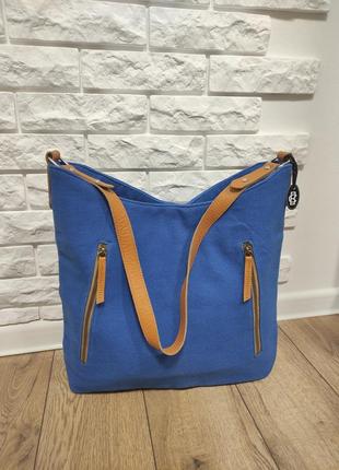 Синяя сумка шоппер с коричневач кожаная ручка на плечо женская тоут канвас шопер2 фото