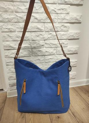 Синяя сумка шоппер с коричневач кожаная ручка на плечо женская тоут канвас шопер3 фото