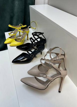 Екслюзивні туфлі з італійської шкіри та замші жіночі на підборах шпильці з ремінцями пряжками7 фото