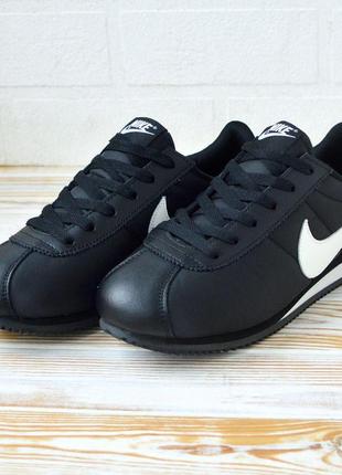 Nike cortez чорні з білим, шкіра нейлон кросівки найк кортез кросовки4 фото