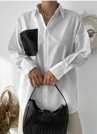 Жіноча стильна сорочка з шкіряною кишенею універсал 44-48