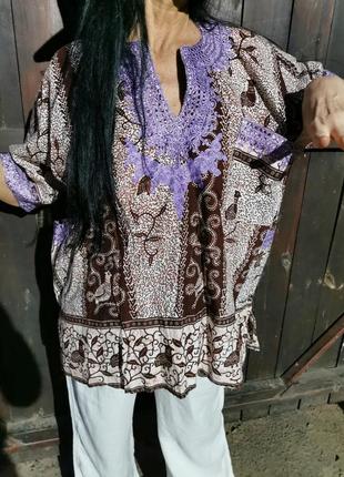 Блуза туника в принт узор в этно бохо стиле батал коттон с карманами вышивкой4 фото