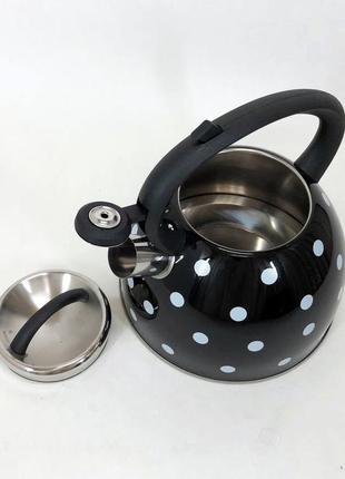 Чайник із свистком для газової плити unique un-5301 2,5л горошок. колір: чорний3 фото
