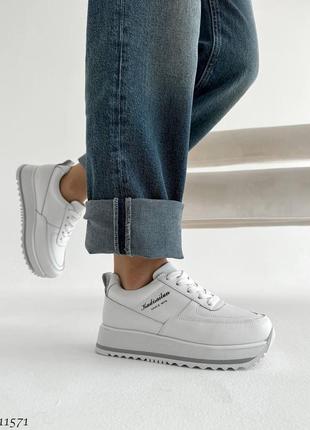 Белые натуральные кожаные кроссовки на высокой толстой подошве платформе кожа8 фото