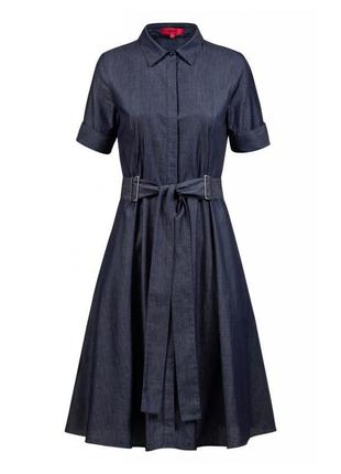 Джинсове міді плаття hugo boss темно синя сукня трапеція платье з поясом літня сукня з коротким рукавом