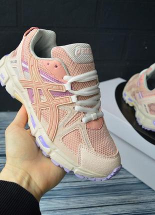 Трендовые женские кроссовки бренда asics gel-kahana 8 натуральная кожа + текстиль на шнурках персиковый бежевый топ модель4 фото