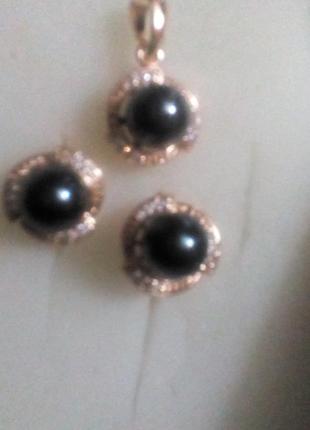 Набір сережки та кулон з імітацією чорних перлів, ювелірна біжутерія👍4 фото