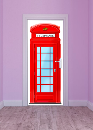 Вінілова кольорова декоративна наклейка на двері "телефонна червона будка telephon" самоклейна