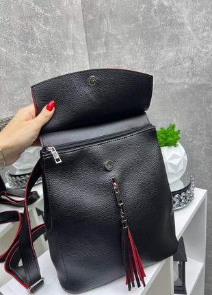 Женский шикарный и качественный рюкзак сумка для девушек из эко кожи черный с красным5 фото