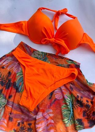 Комплект 3в1: женский купальник с твердой чашкой + юбка парео swimsuit skirt оранжевый5 фото