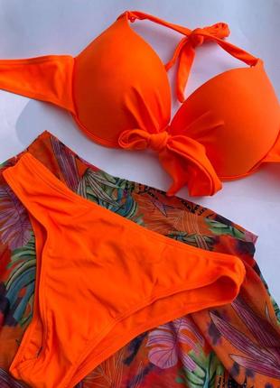 Комплект 3в1: женский купальник с твердой чашкой + юбка парео swimsuit skirt оранжевый6 фото