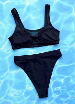 Женский раздельный купальник с завышенными плавками и топом с сеткой effect черный6 фото
