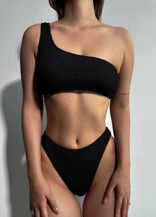Женский раздельный купальник жатка на одно плечо hawaii черный