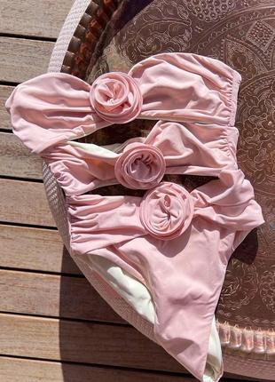 Женский совместный купальник с розами монокини с лифом бандо roses розовый8 фото