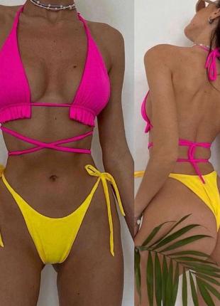 Жіночий роздільний купальник з рюшами на ліфі зав'язками навколо талії twins рожево-жовтий