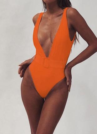 Женский сдельный купальник с поясом неоновый оранжевый7 фото