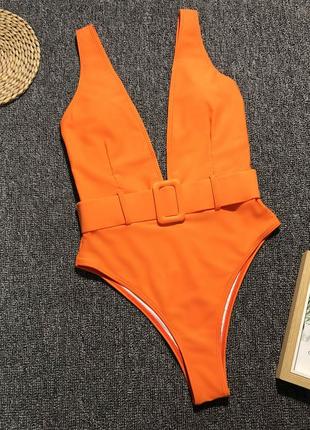 Женский сдельный купальник с поясом неоновый оранжевый4 фото